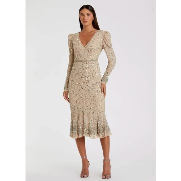Mac Duggal Beige Sequin Dress with Embellished Hemline and Belt - Size 8 - NWT - Picture 1 of 6